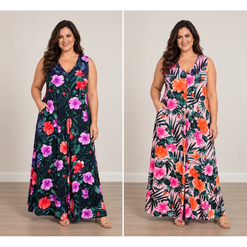Stan Herman Maxi Lounger Dresses Womens 1X Pink Navy Floral Stretchy Pockets 2pk